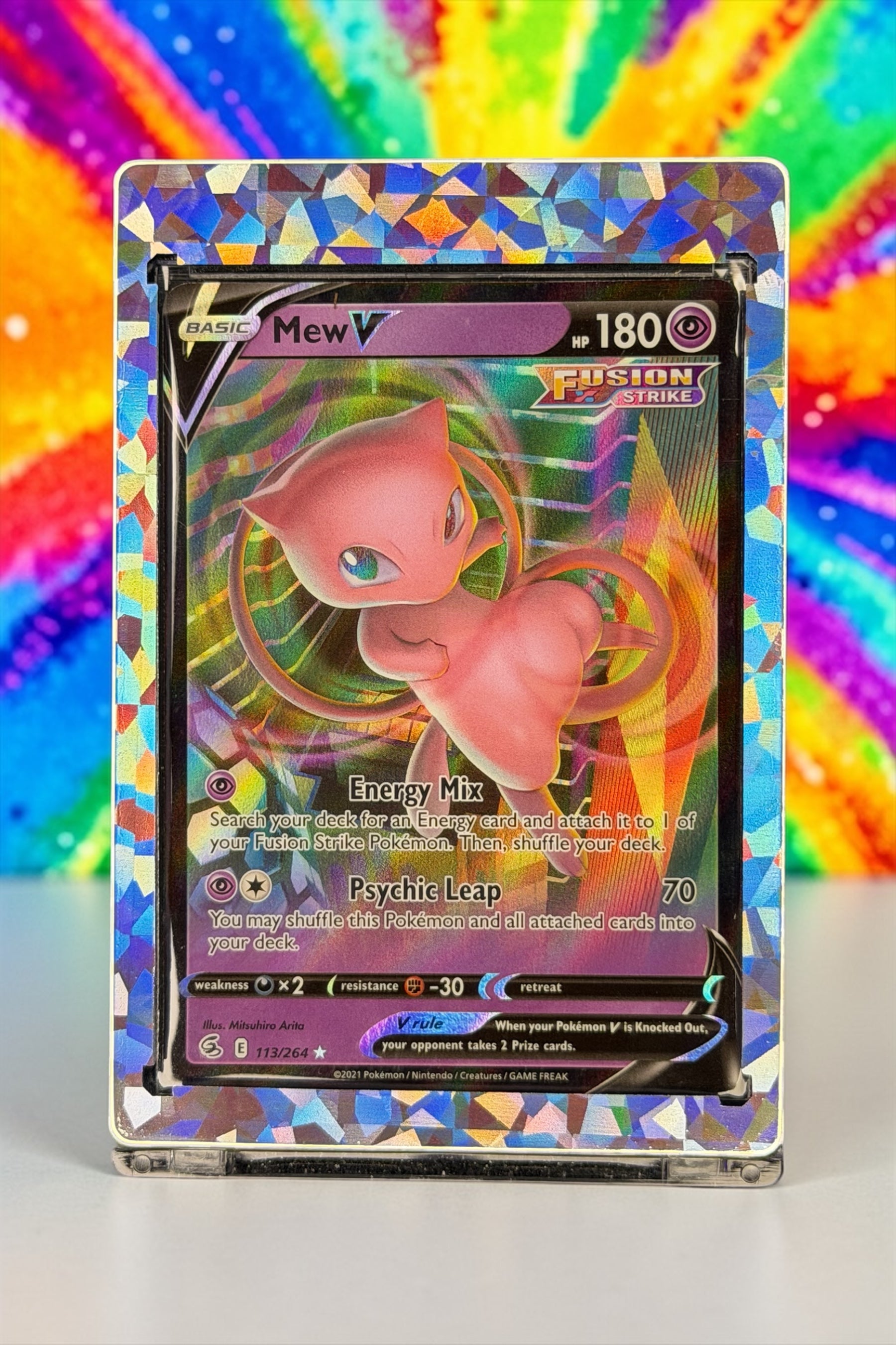 Mew V 113/264 - Sword & Shield: Fusion Strike - Ultra Rare Holo w/ Custom Holo Magnetic Slab Display Case